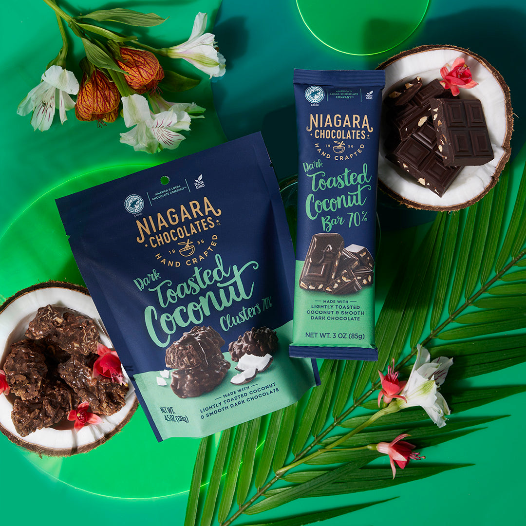 70 Dark Chocolate 3oz Toasted Coconut Bar niagarachocolates